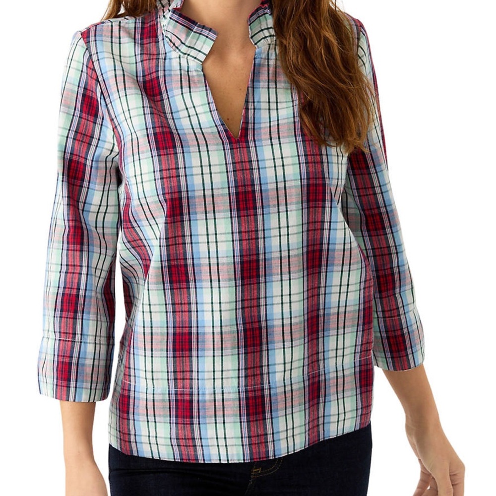 Women’s Crown & Ivy Plaid Blouse with Ruffle Neckline